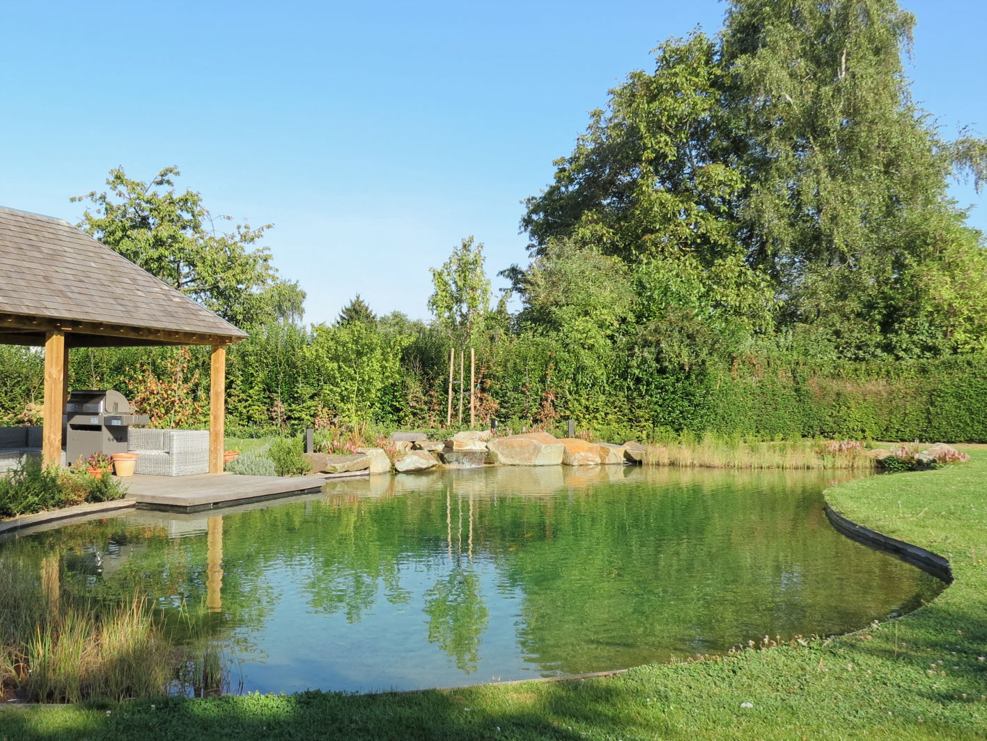 Etang baignade forme organique coin déjeuner cuisine extérieure